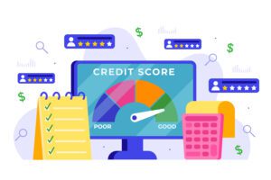A graphic of a good credit score used by First Investors surrounded by finance icons