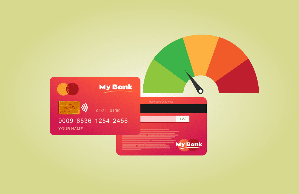 A graphic of two credsit cards with a credit score indicator